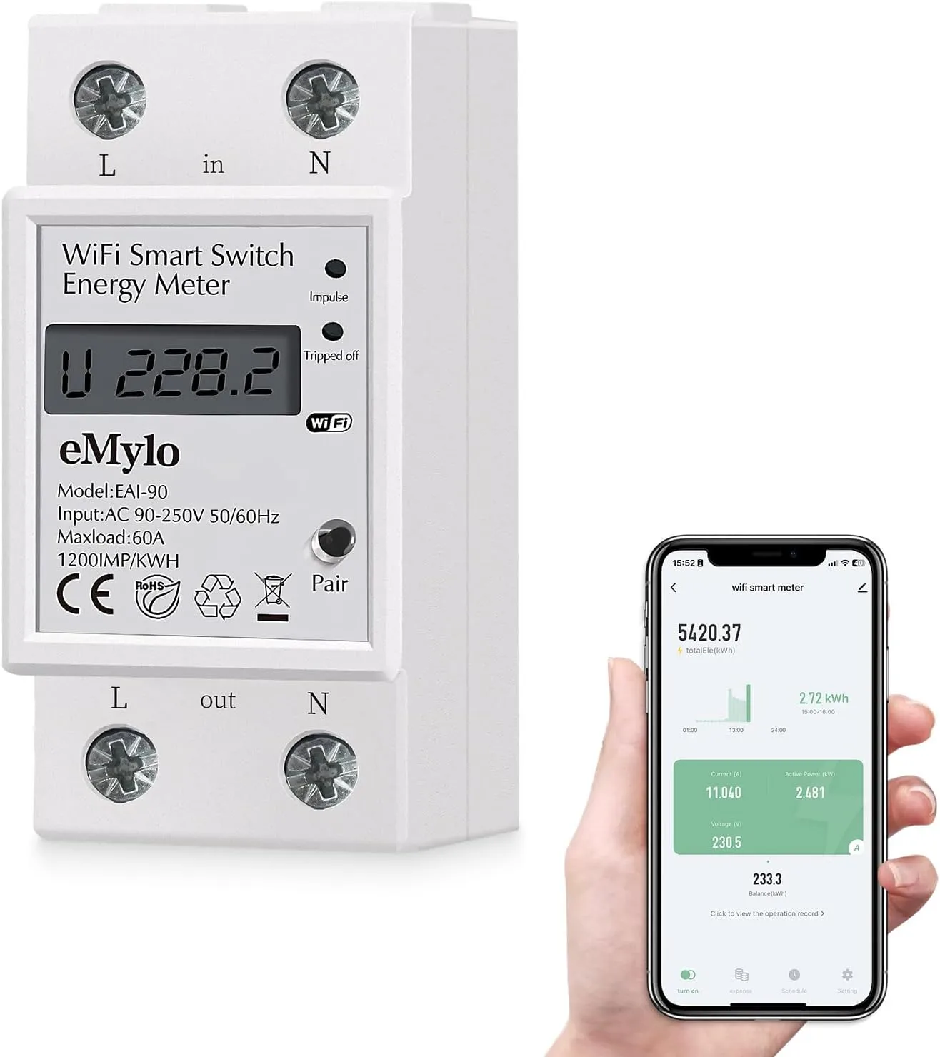Medidor inteligente monofásico 60A 90-250V, medidor de energia Tuya Smart WiFi 35 mm trilho DIN com visor digital medidor de watt-hora monitor de consumo de energia doméstico kWh Amperímetro