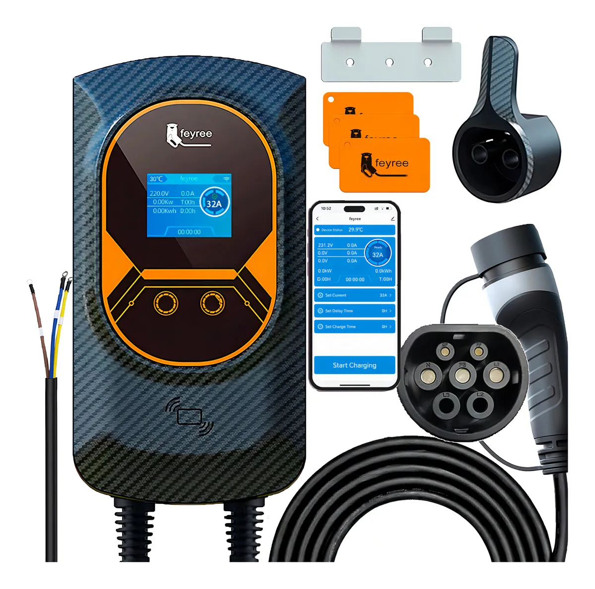 Carregador Carro Elétrico Feyree 7.6kW Wallbox Tipo 2 Preto 32A 85V-264V