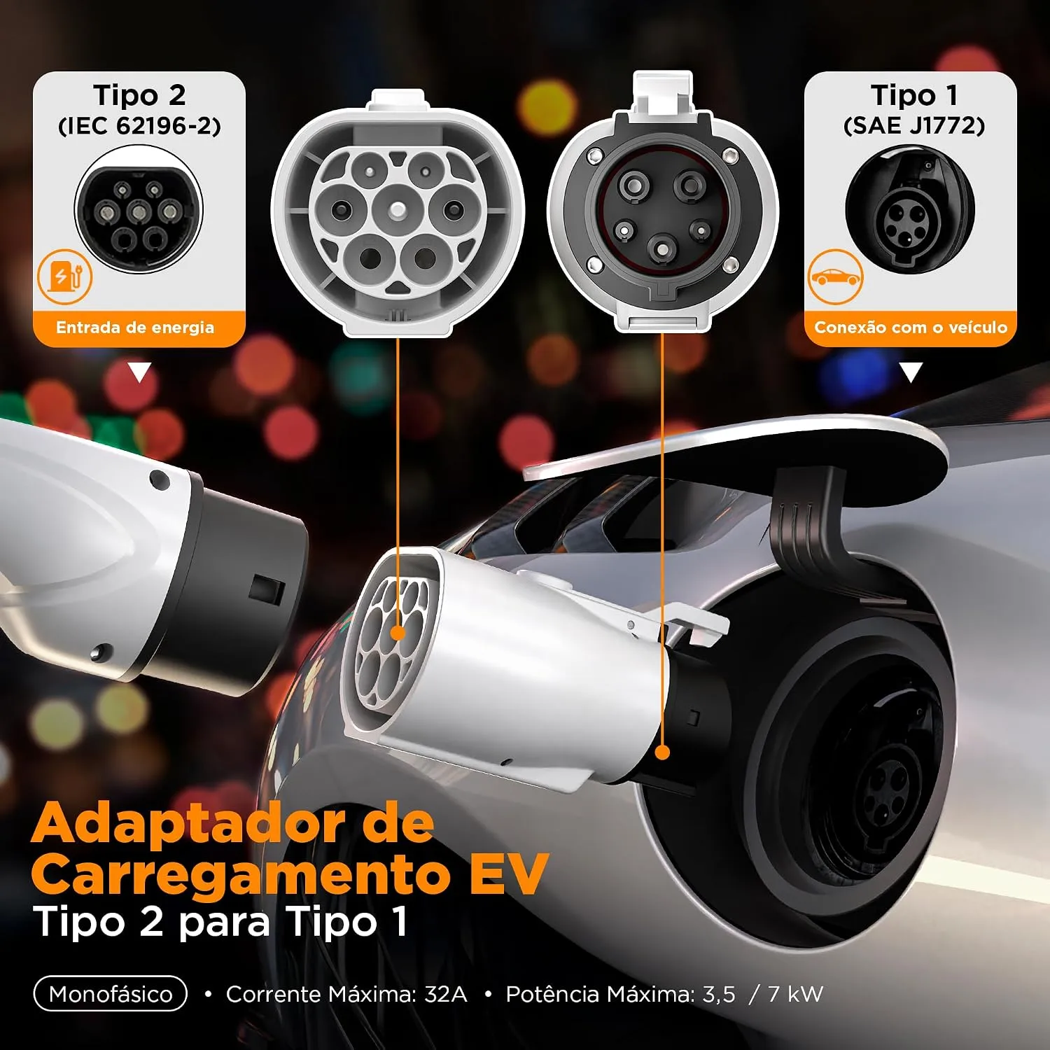 Adaptador de Carregamento EV Tipo 2 para Tipo 1, 32A Monofásico, Potência Máxima 7kW